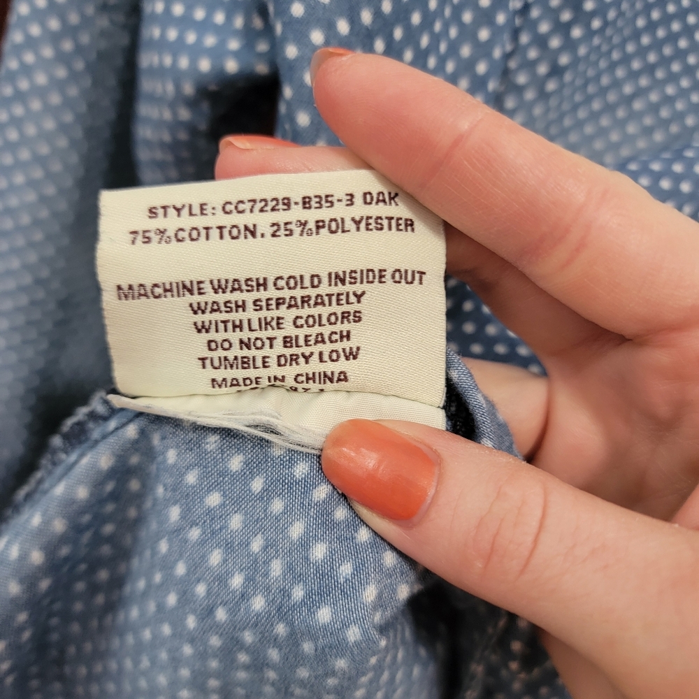 Distressed Preppy Polka Dot Denim Button-up Shirt - Picture 6 of 7